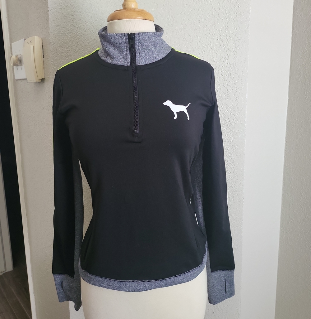 PINK Victoria's Secret Black Half-Zip Pullover with Gray Collar and Neon Trim